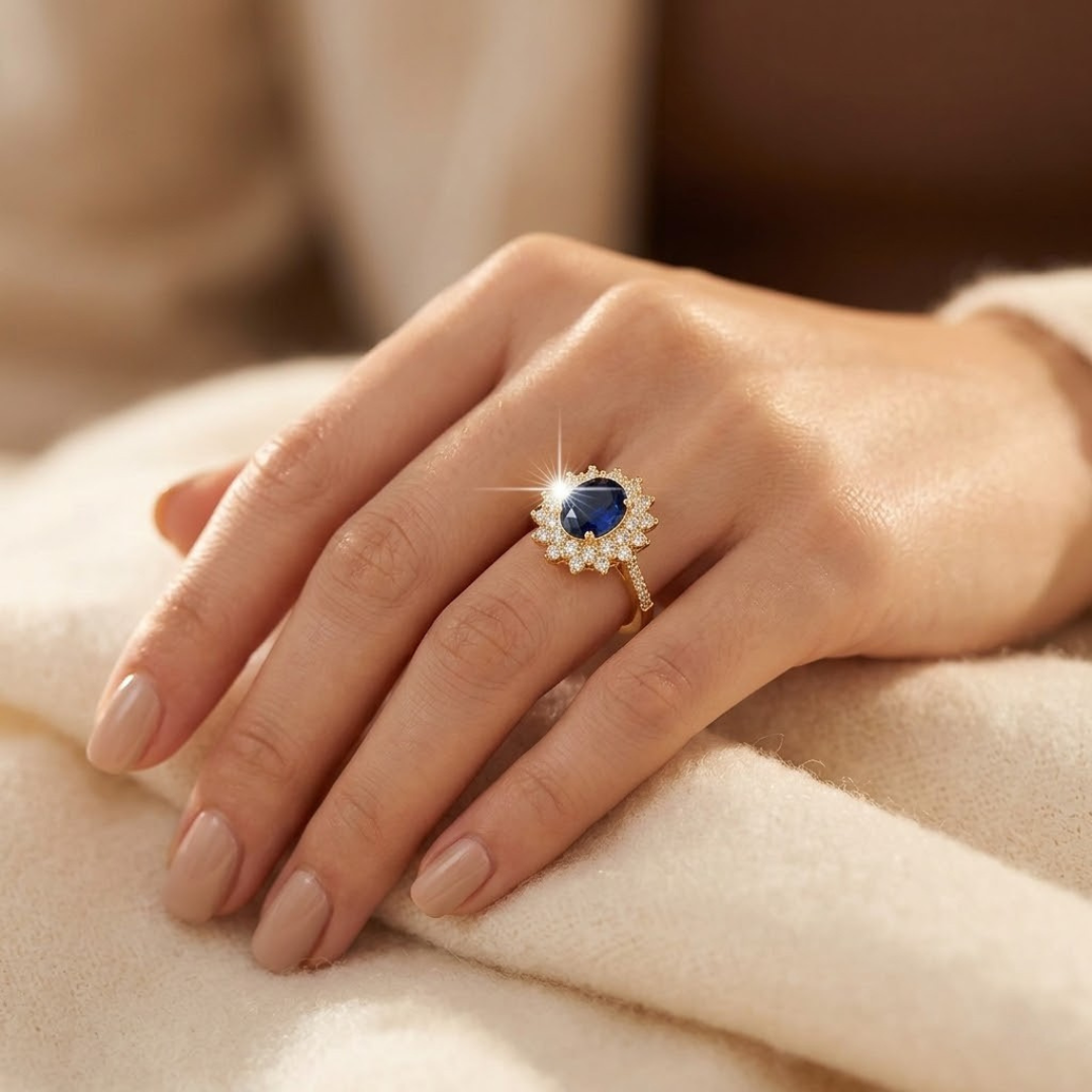 Halo-ring med safir i guld