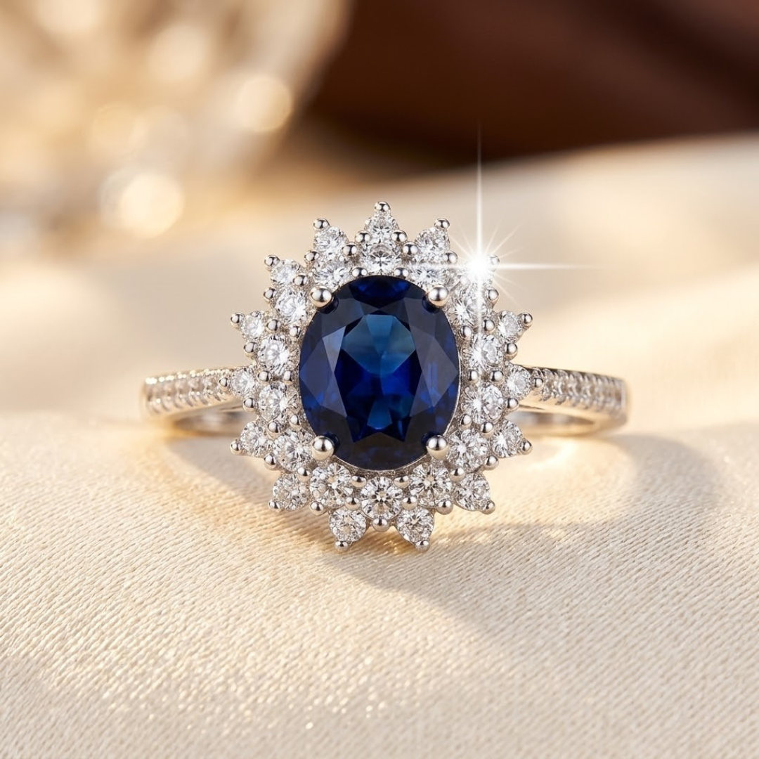 Halo-ring med safir i guld