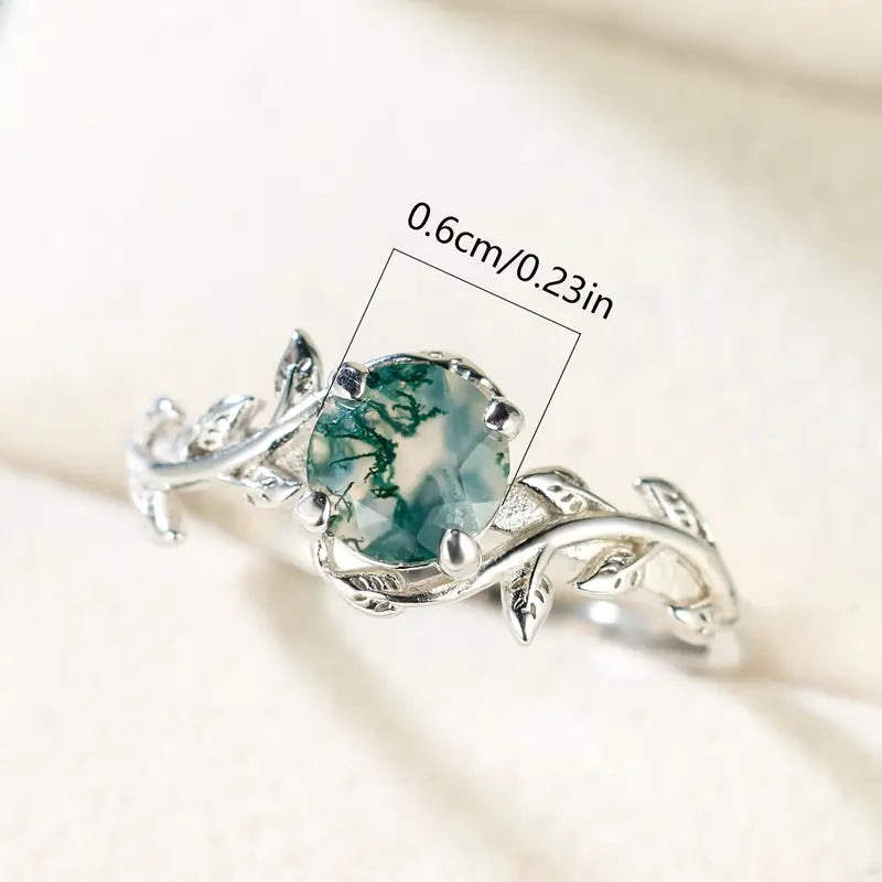 Retro rund ring med agatkant og blad