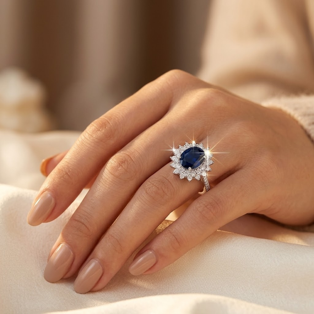 Halo-ring med safir i guld