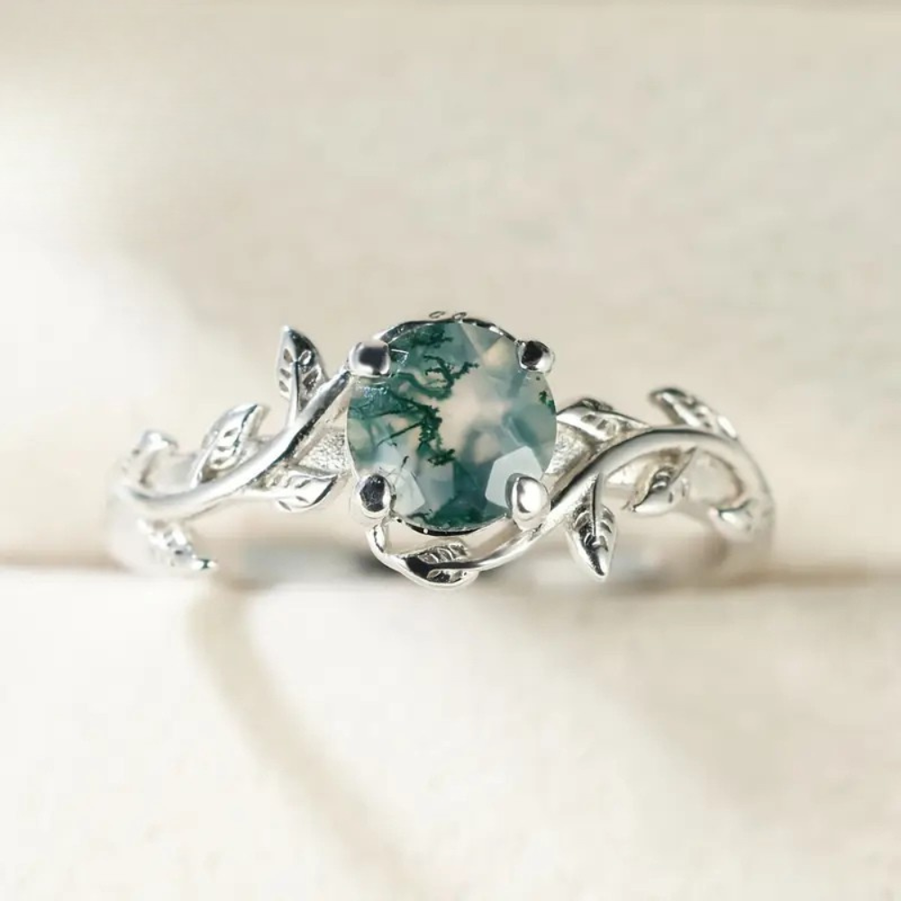 Retro rund ring med agatkant og blad