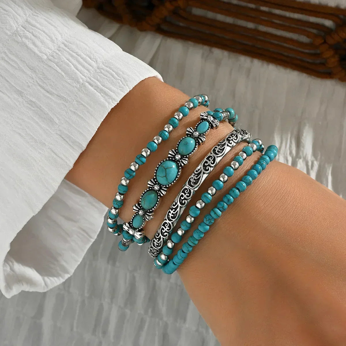 Boho-armbåndssæt med turkise perler